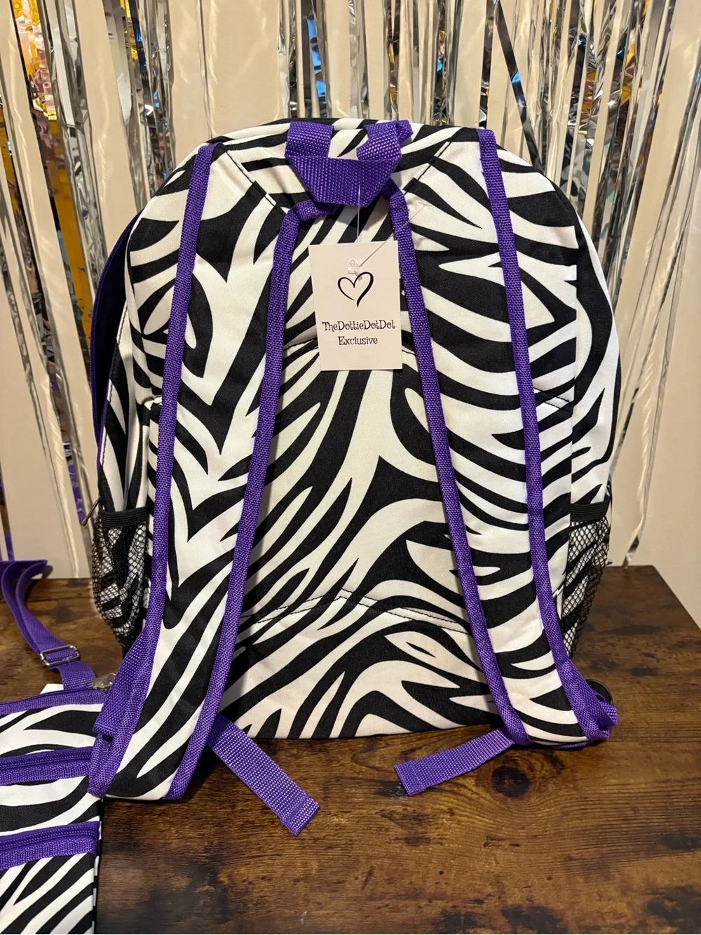Zebra Print Full-Size Backpack & Crossbody Set with Purple Trim